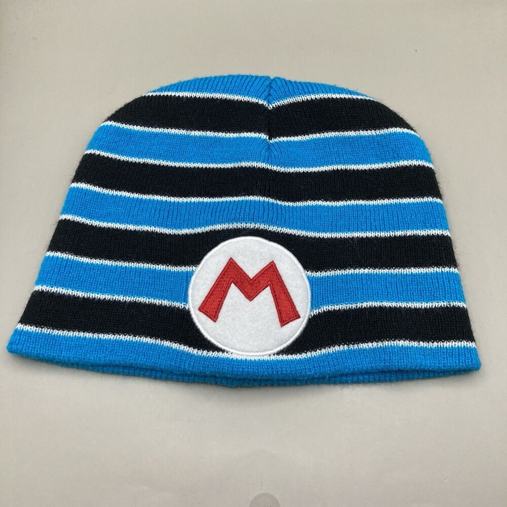2016 Nintendo Super Mario Beanie Hat Blue Black Striped Knit Red M Logo
